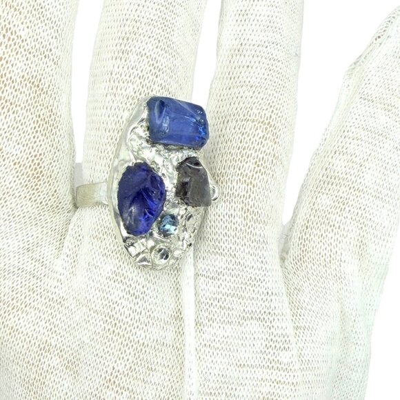 Brutalist Sea Glass Cocktail Ring & Crystal Accent Size 9 - Picture 7 of 12